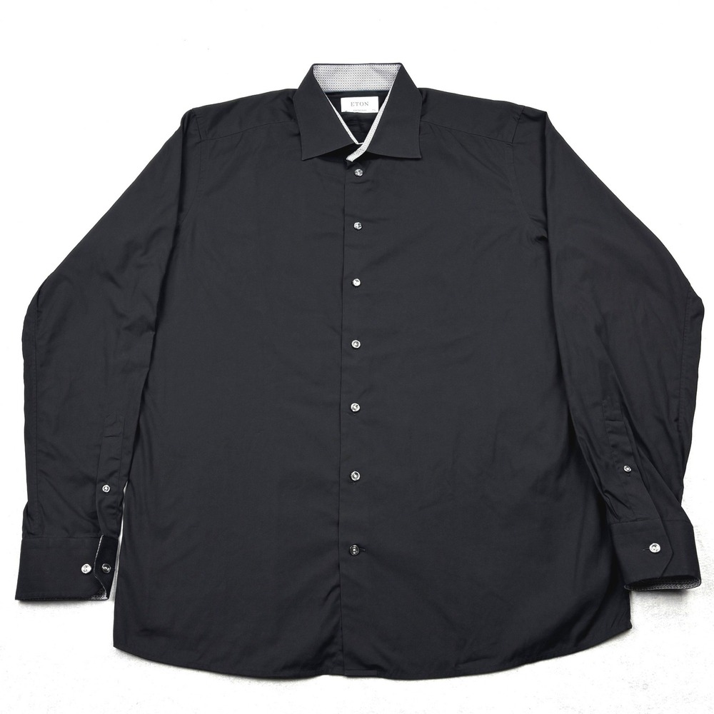 Eton Mens Shirt 17.5 44 Black Contemporary Fit Contrast Geometric Collar 17 1/2